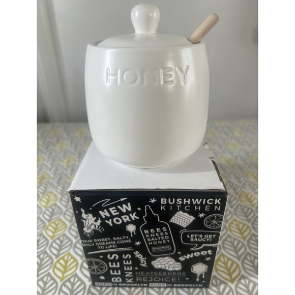 Bushwick Kitchen Other - NIB Bushwick Kitchen White Ceramic Honey Pot with Wooden Dipper, Dishwasher Safe